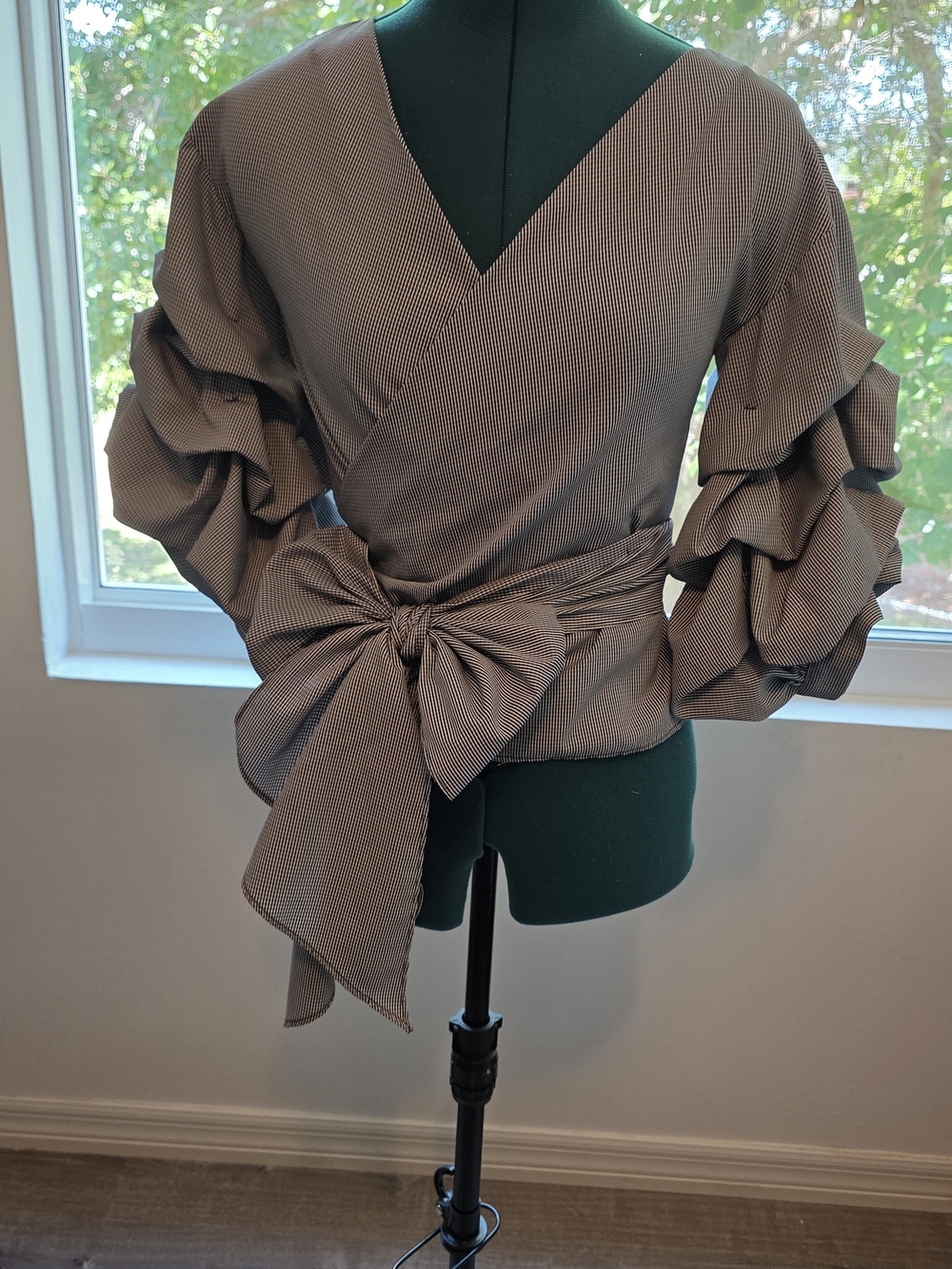 Gracia Navy Blue Wrap Top with Dramatic Ruffle Sleeves
